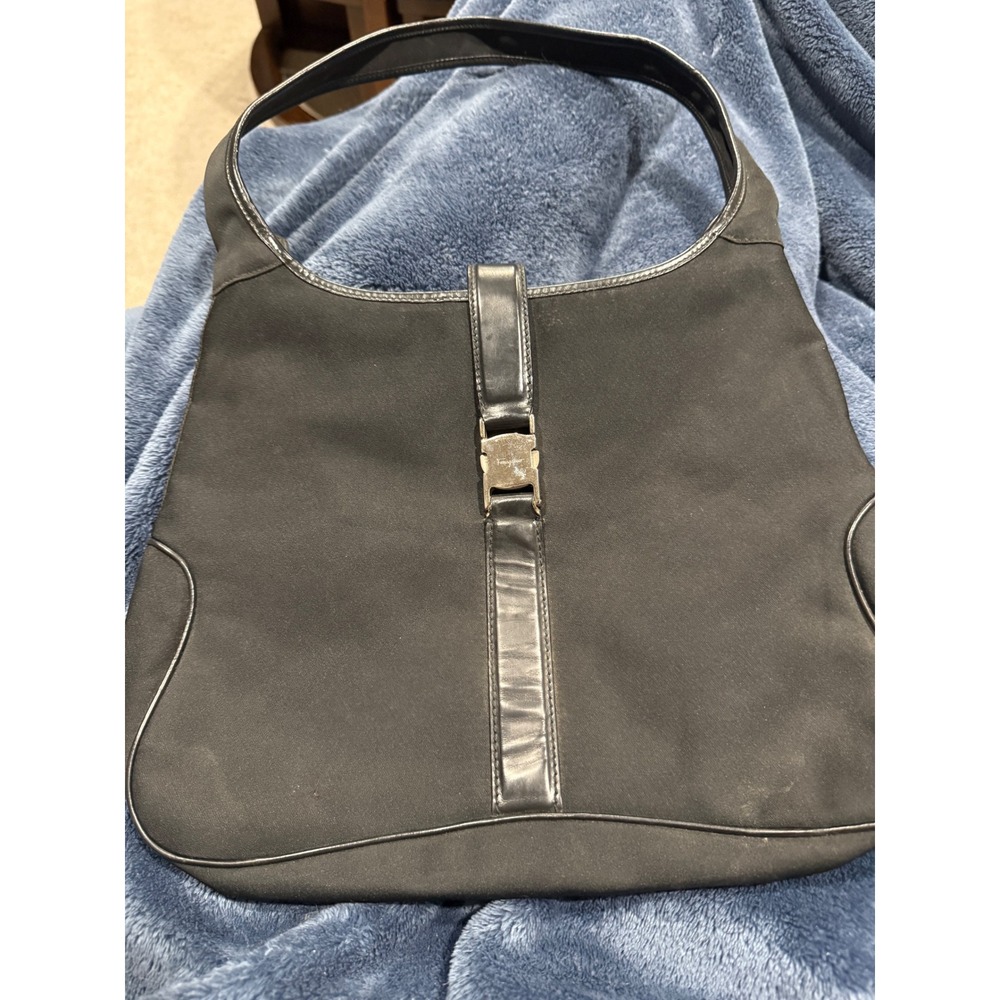 Salvatore Ferragamo Black Canvas Leather Hobo Bag AU-21-0735 Made‎ in Italy